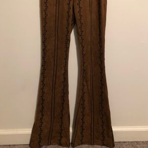 70s Suede Bell Bottoms with embroidery design. Size Small